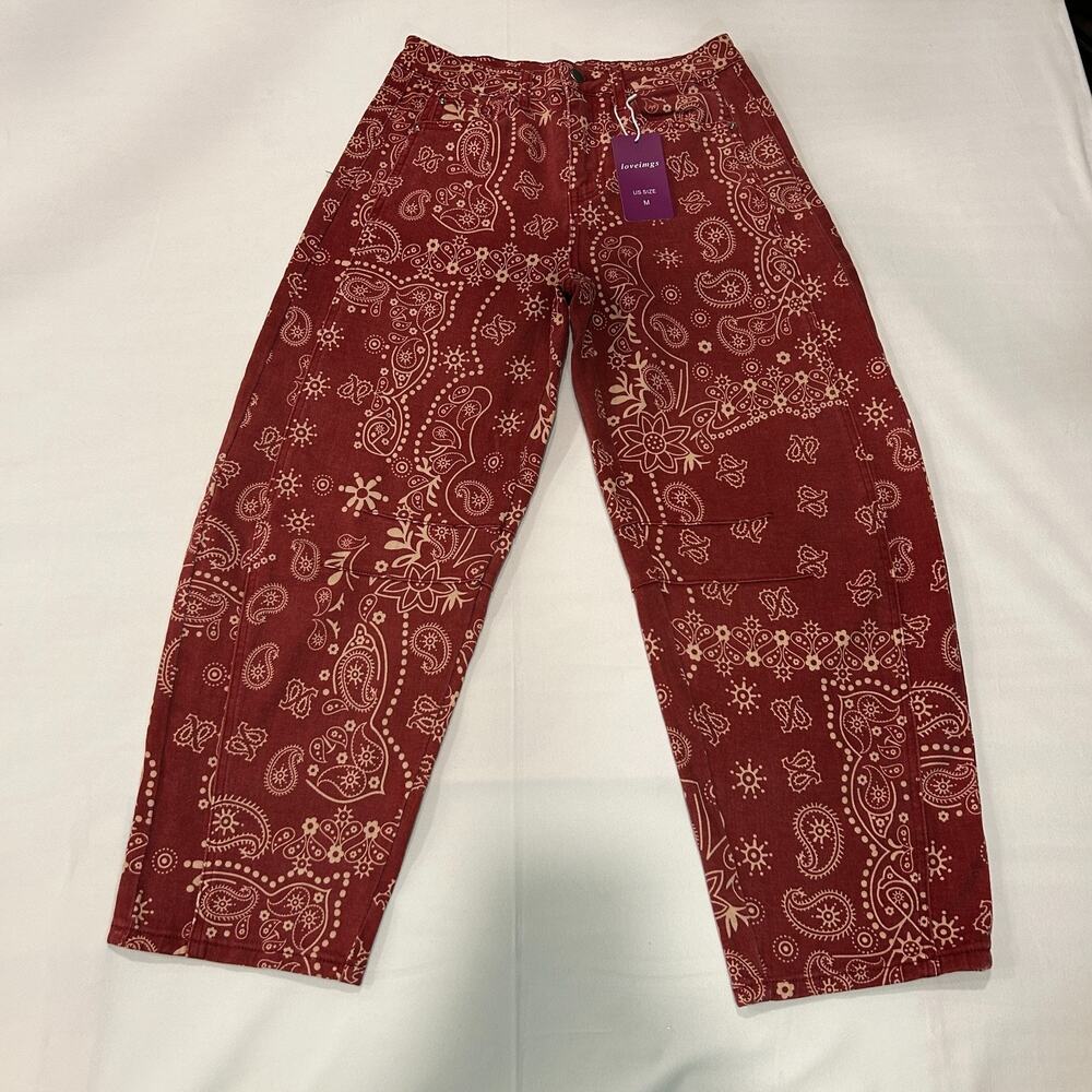 Loveimgs Women’s Paisley Printed Barrel Pants Warm Red Terracotta NWT.
